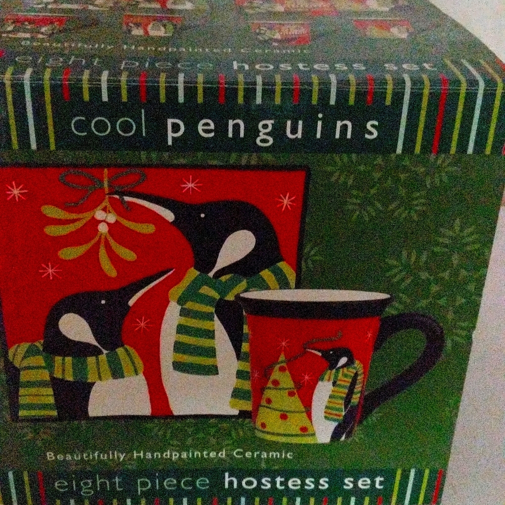 Eight Piece Hostess Set... Cool Penguins Christmas Themed